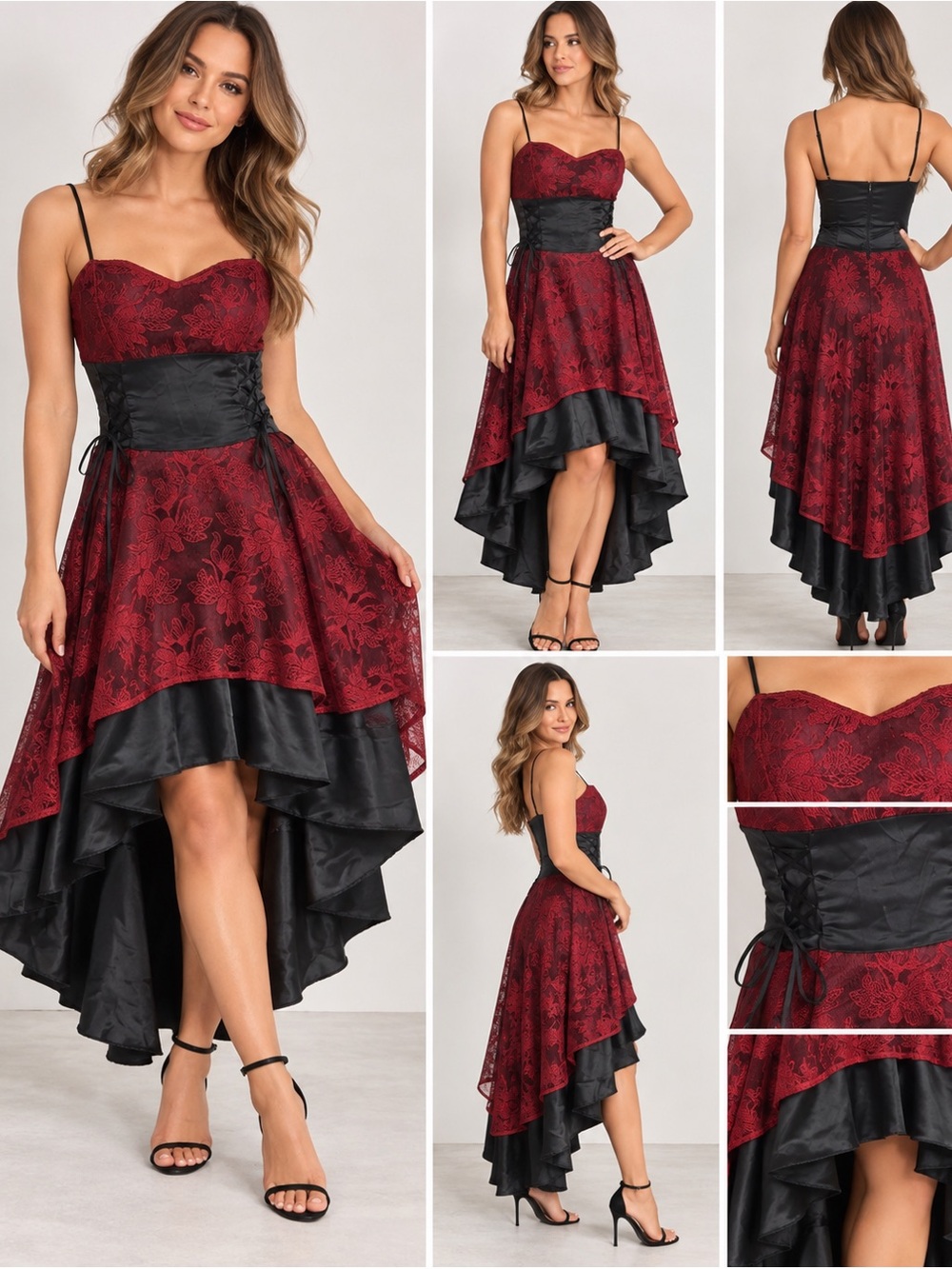 Gothic Red Black Lace Corset High Low Dress Spaghetti Strap Steampunk Size Lg